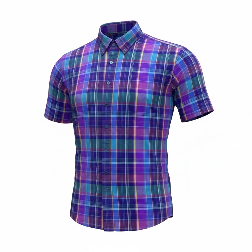 Loafers by Reed St James Mens Large Purple Plaid Cotton Short Sleeve Button Down